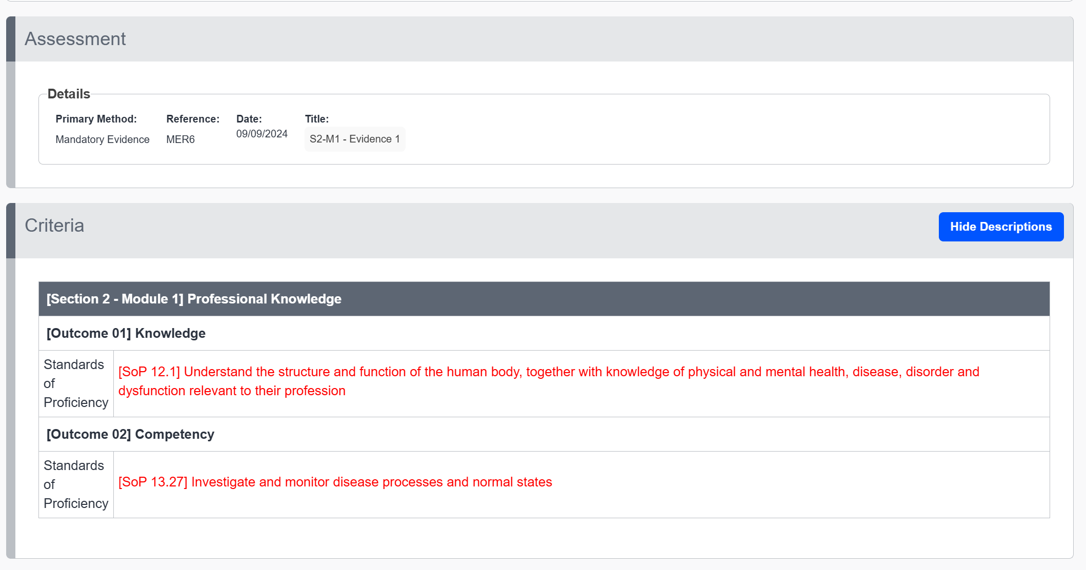 OneFile Assessment Criteria — example screenshot