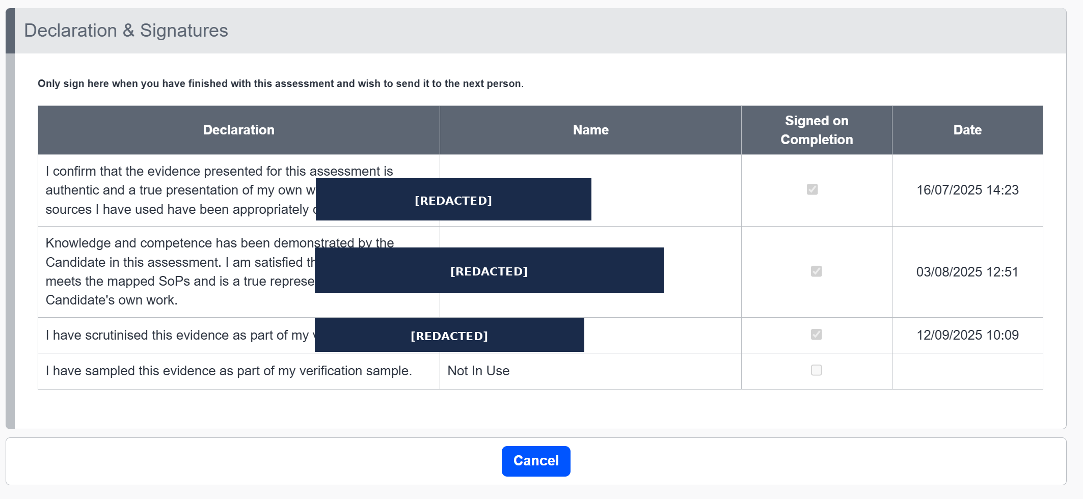 OneFile Declaration and Signatures — example screenshot